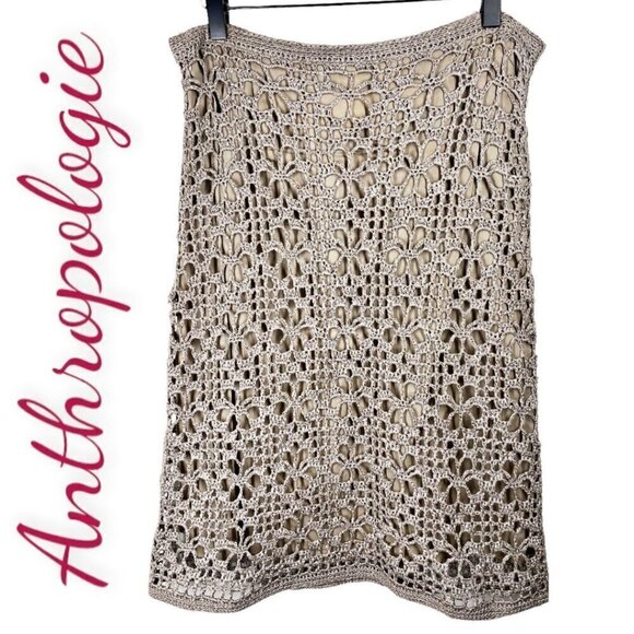 ANTHROPOLOGIE BETH BOWLEY Open Knit Nude Crochet Pencil Skirt, Size Medium - Picture 3 of 7